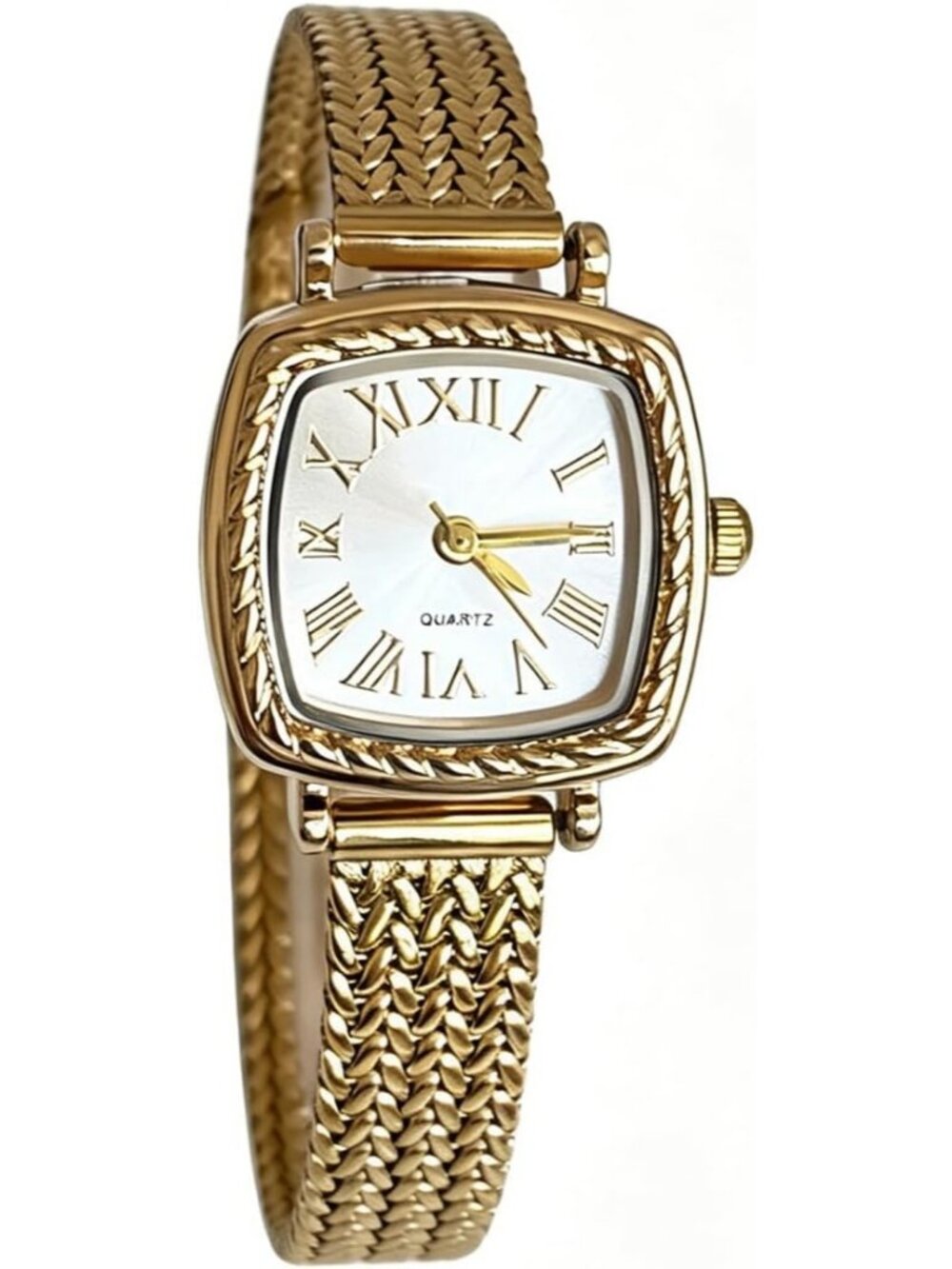 Women's Gold White Vintage Square Roman Numeral Braided Mesh Band Quartz Watch